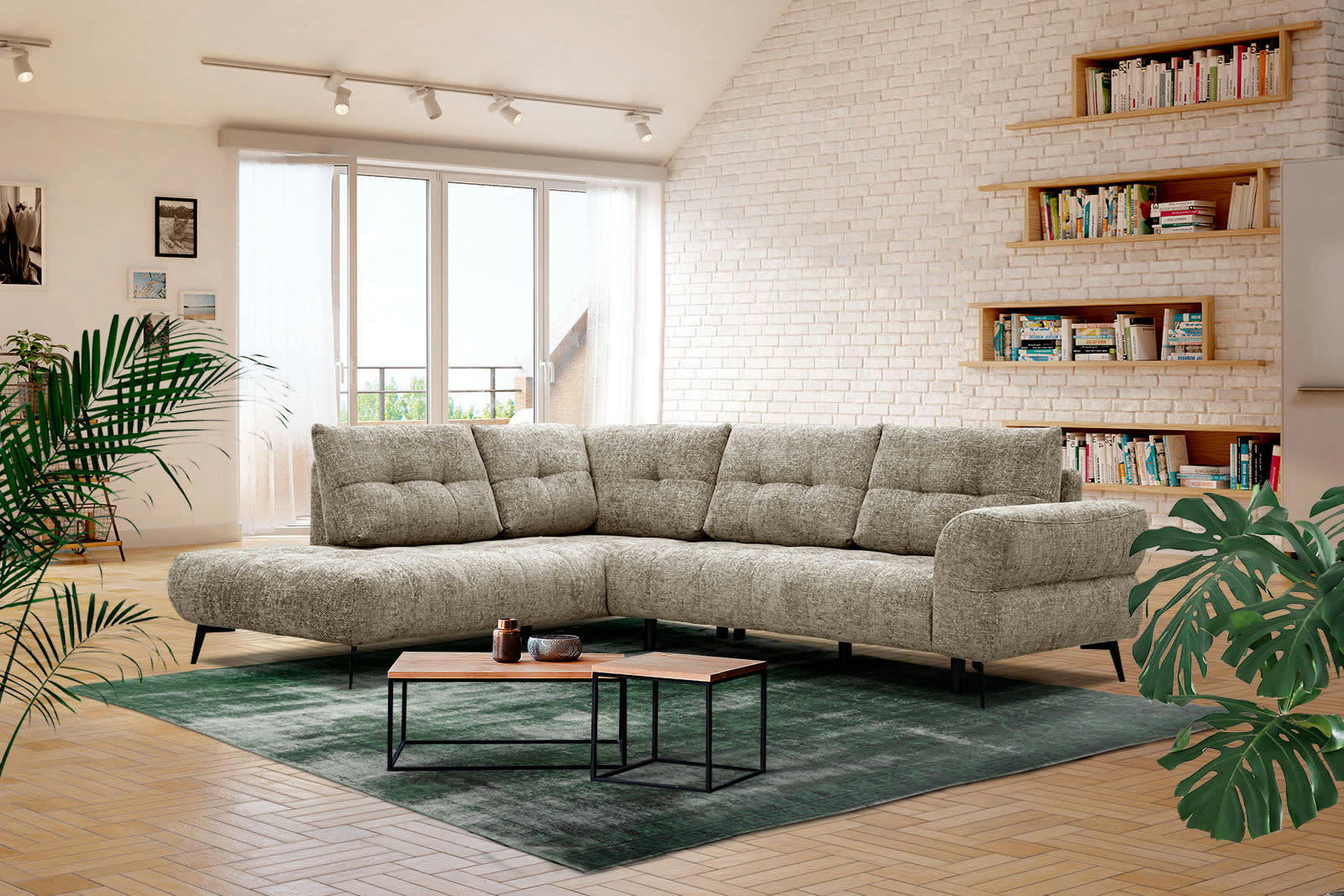 SALVINI - Canapé d'angle gauche 5 places tissu beige foncé