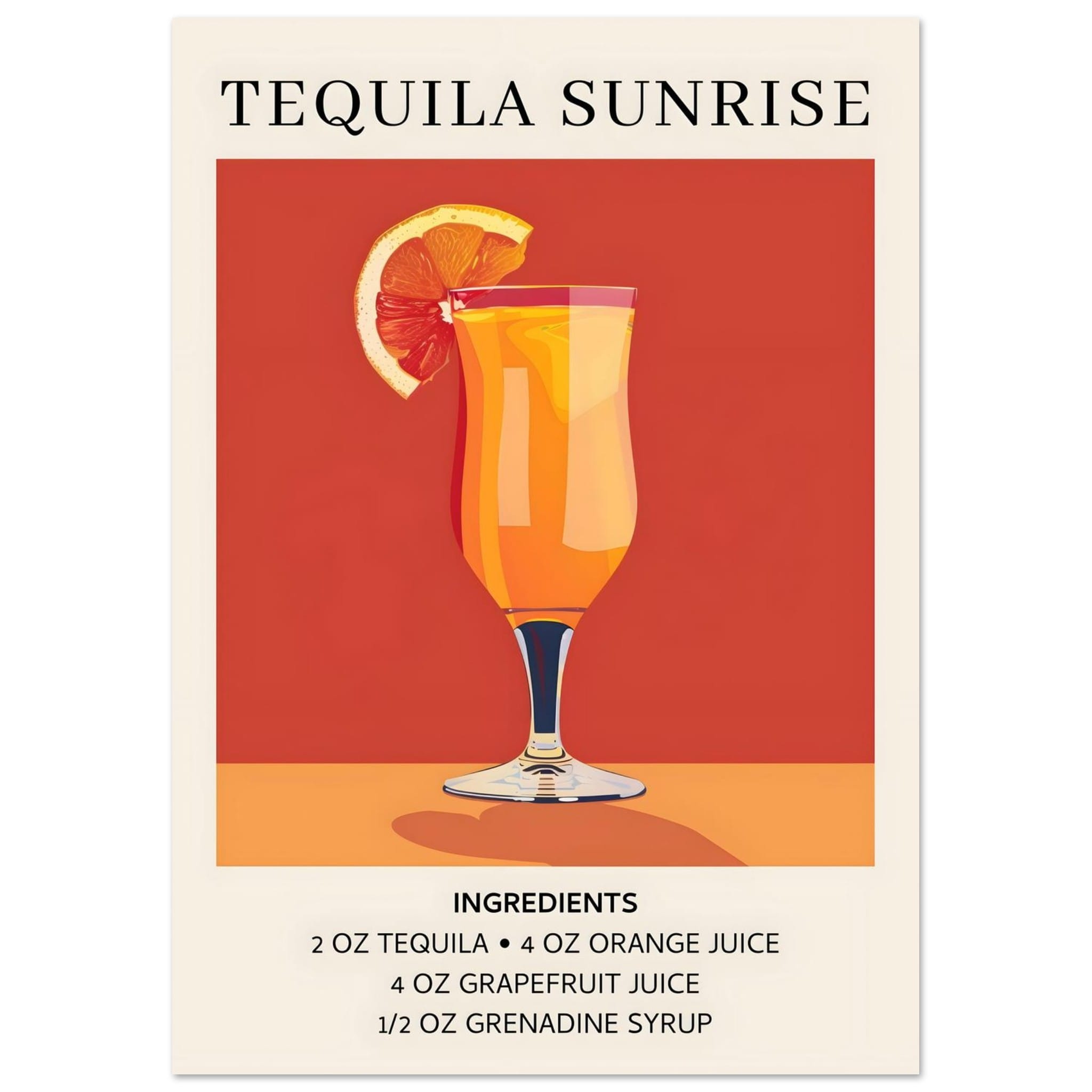 Artfulprints Poster Tequila Sunrise cocktail - Ingrediënten  - A4 21x29.7 cm - Oranje