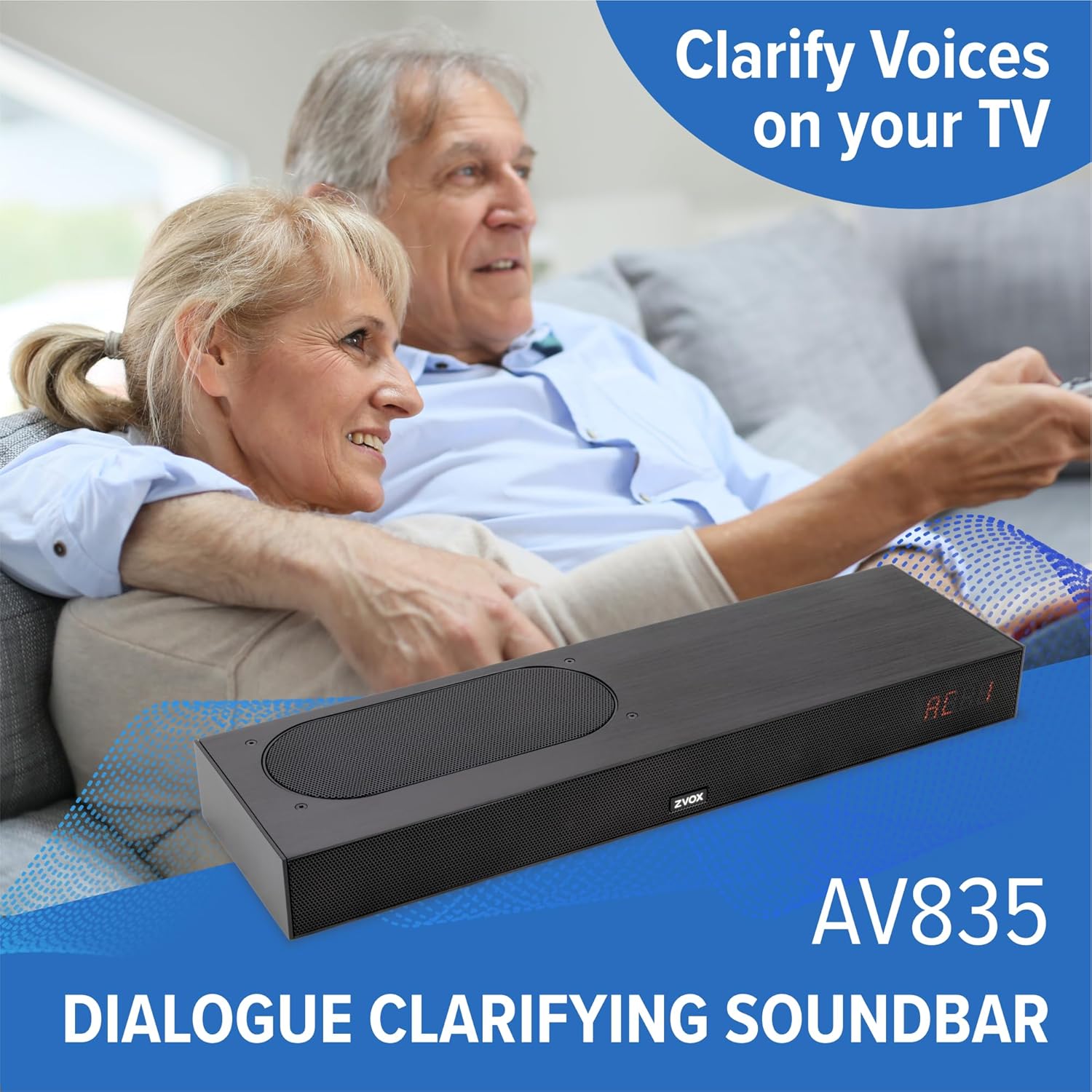 ZVOX AccuVoice AV835 Dialogue Clarifying Soundbar - Patented Hearing Technology with 20 Levels of Voice Boost  Dual Woofers  Low-Profile TV Speaker for Home Theater and Smart TV - Black