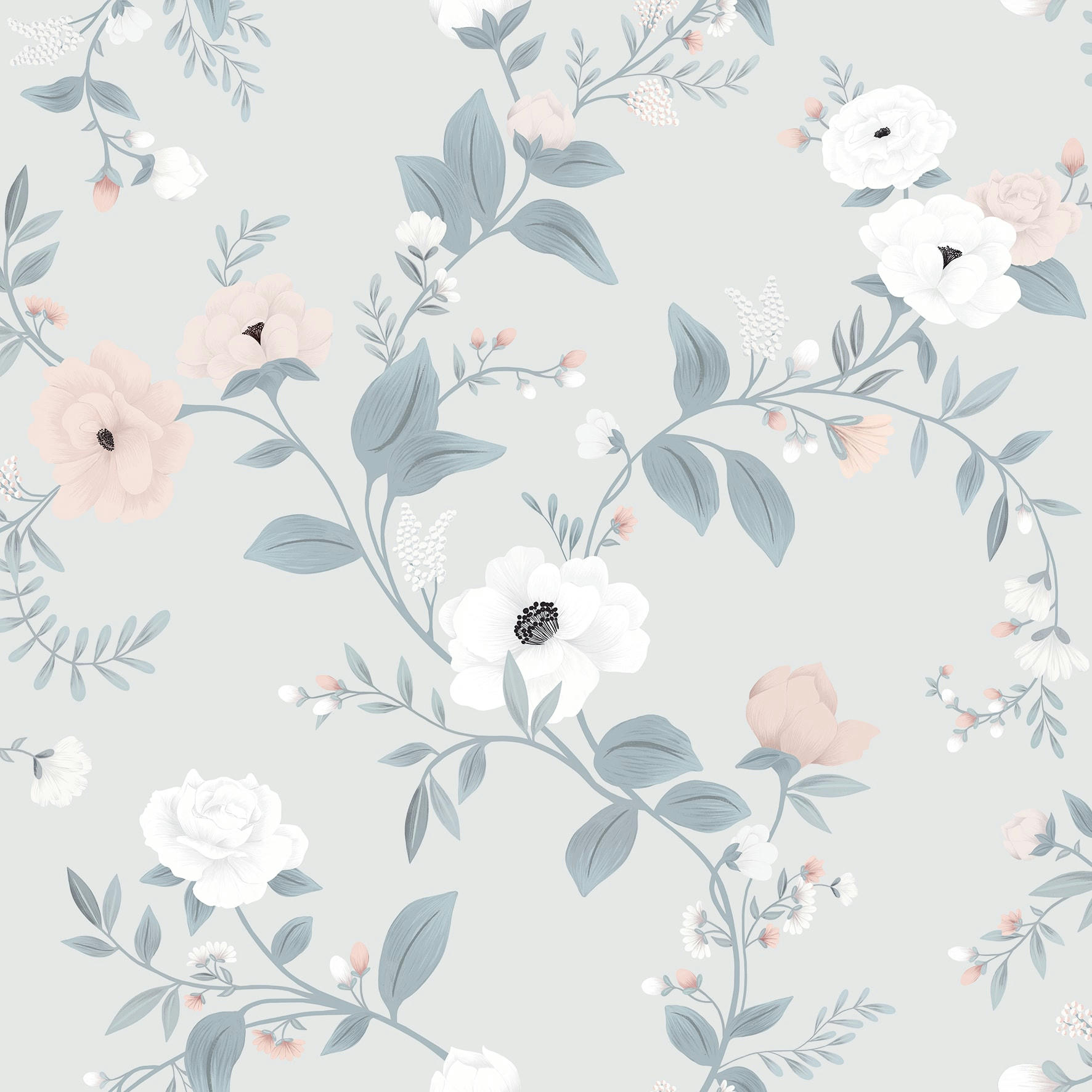 GRACE - Papier peint fleurs, roses en Papier Gris 50cm x 10m