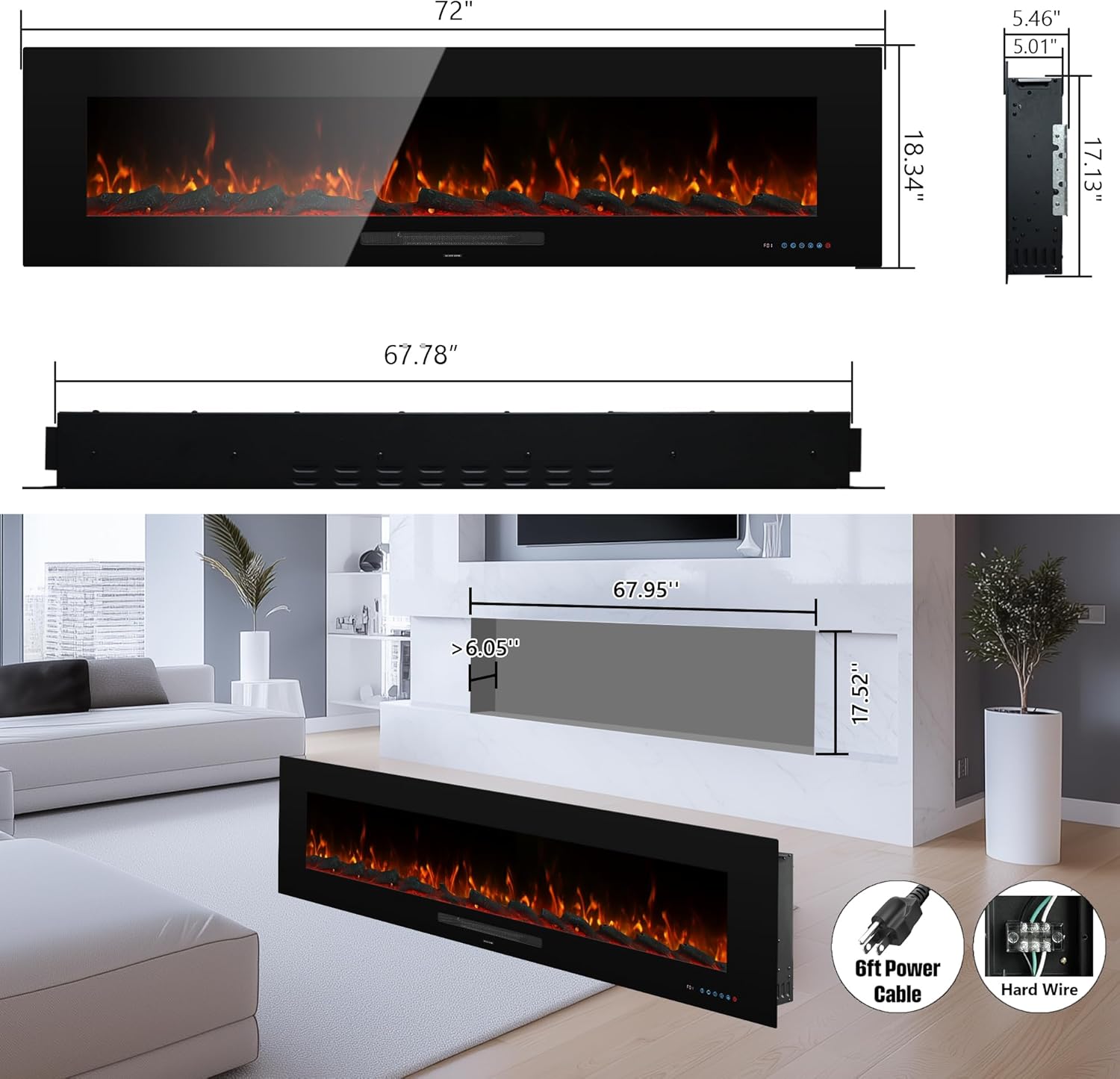 72 Electric Fireplace, Recessed & Wall Mounted Fireplace Heater 13 * 13 Colors Flame &Fuel Bed w/5 Dimmer, Touchscreen &Remote Control Temp, Overheating Protect, Hardwired, 1500W, Black