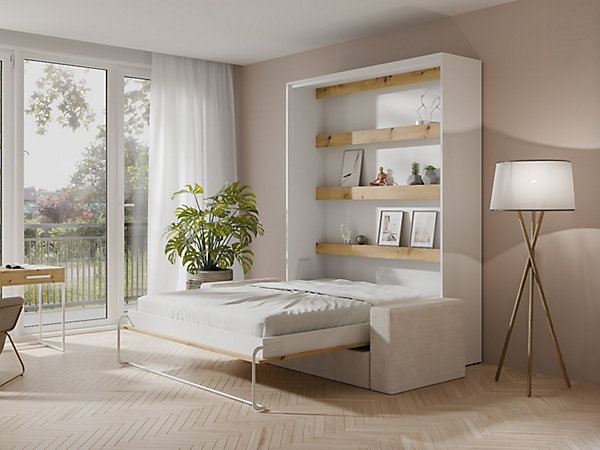 Lit escamotable 140 x 200 cm - Ouverture verticale manuelle - Avec LEDs - Blanc et naturel   Canapé   Matelas - RAPILI