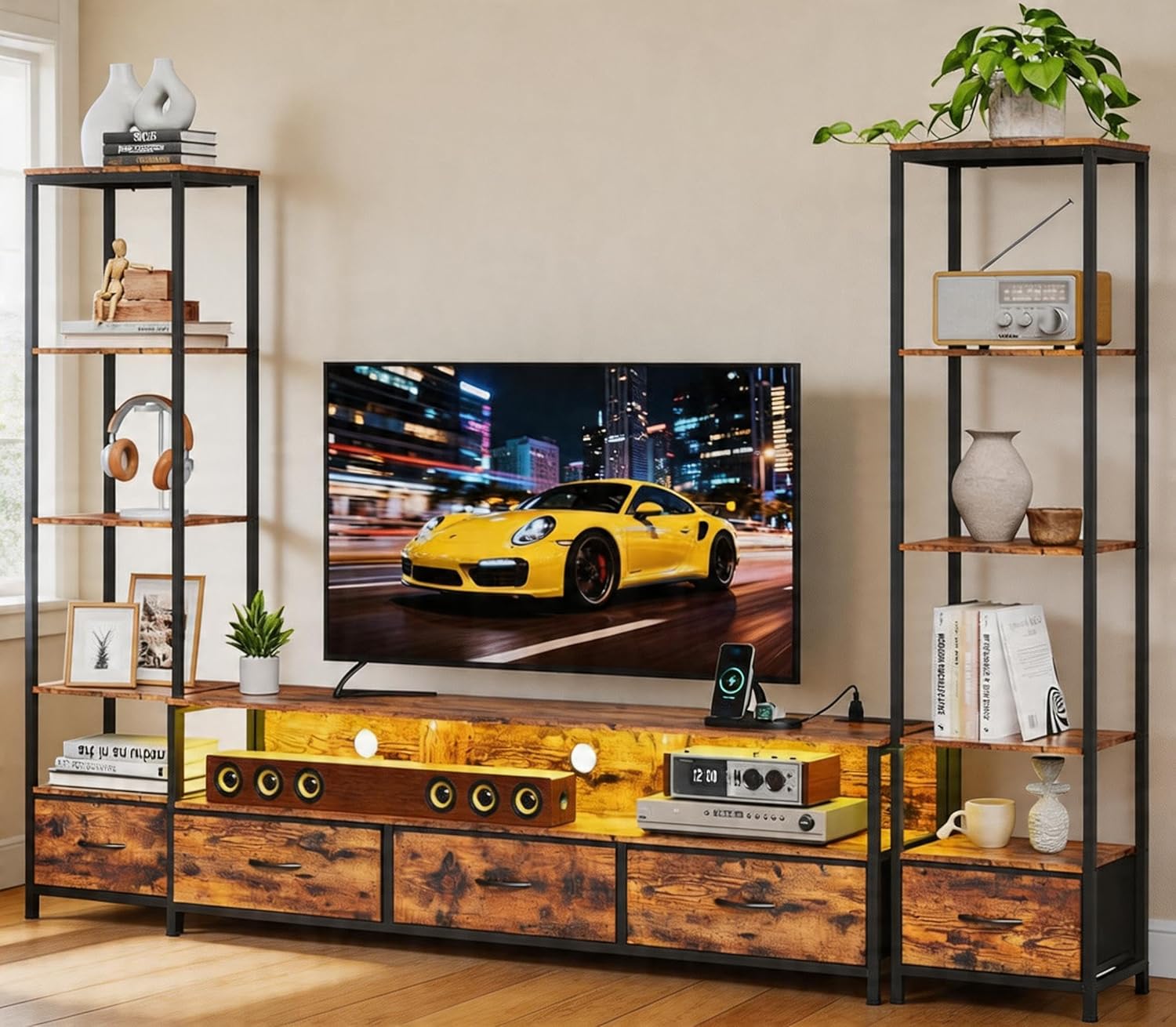IDEALHOUSE TV Entertainment Center for Living Room, Large LED TV Stand with Storage, Modern Media Center for TVs Up to 70