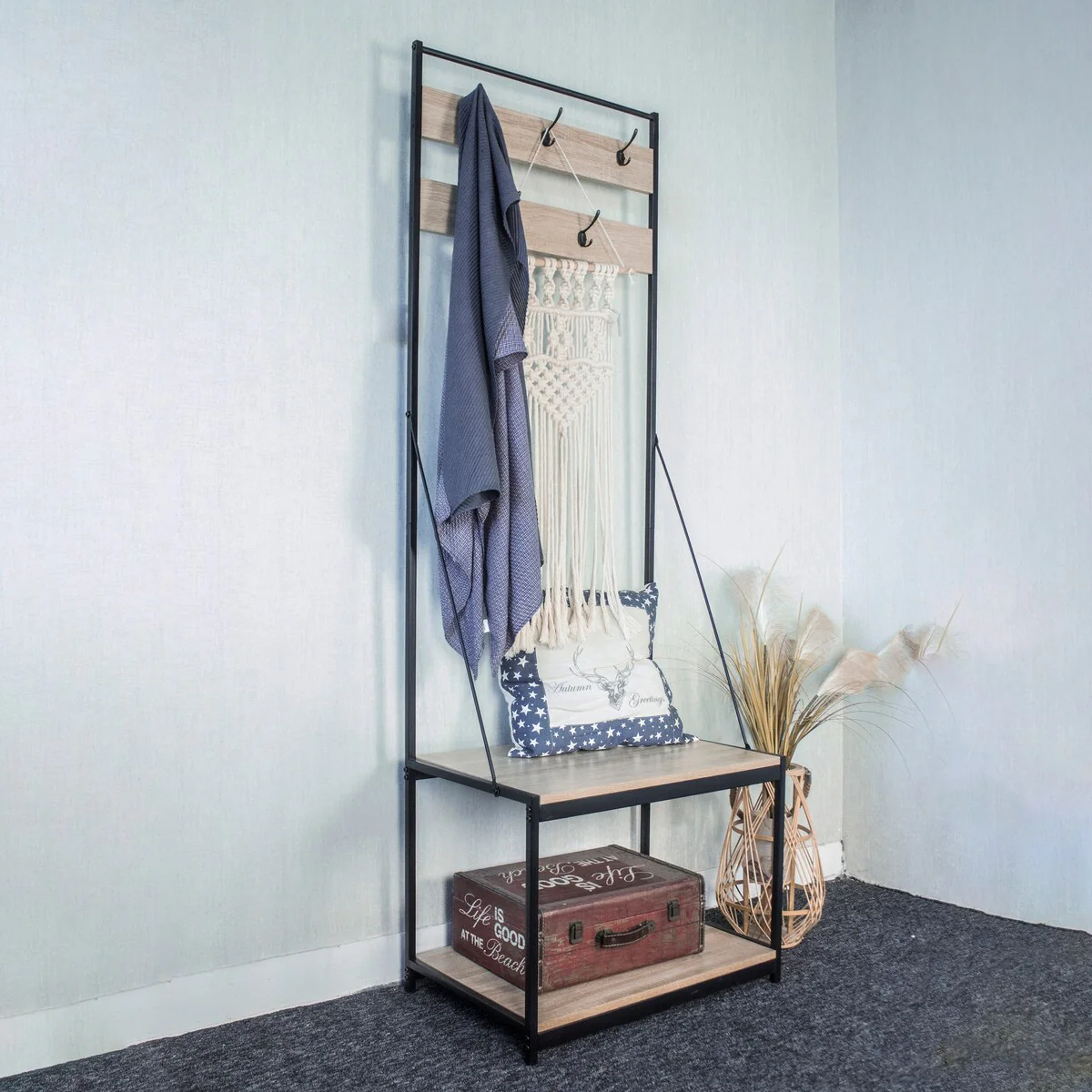 Hallway Coat Rack Entryway Hall Tree Storage & Steel Frame Look Accent Furniture with 5 Hooks and 2 Bottom Layer Shelf