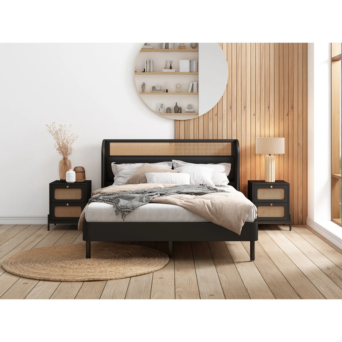 Modern Cannage Rattan Platform Queen Bed with Nightstand and Dresser
