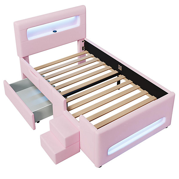 Lit plateforme rembourré 90x200 cm, escalier, tiroirs, LED, poches rangement - rose