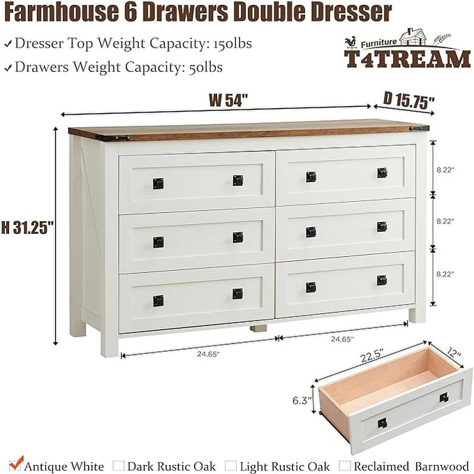Farmhouse 6 Drawer Dresser, Wood TV Stand, Chest of Drawers