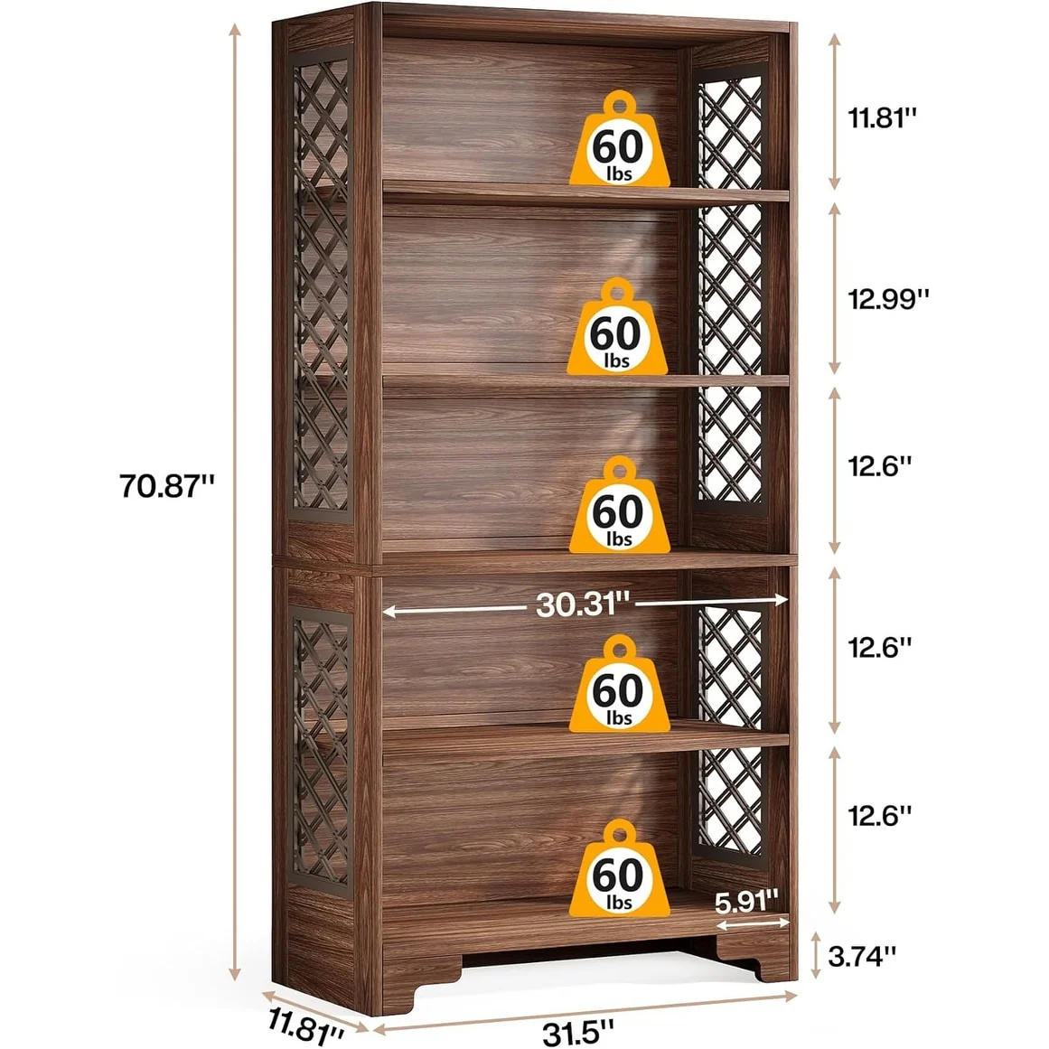 6-Tier Bookcase, 70.8 Vintage Tall Bookcase