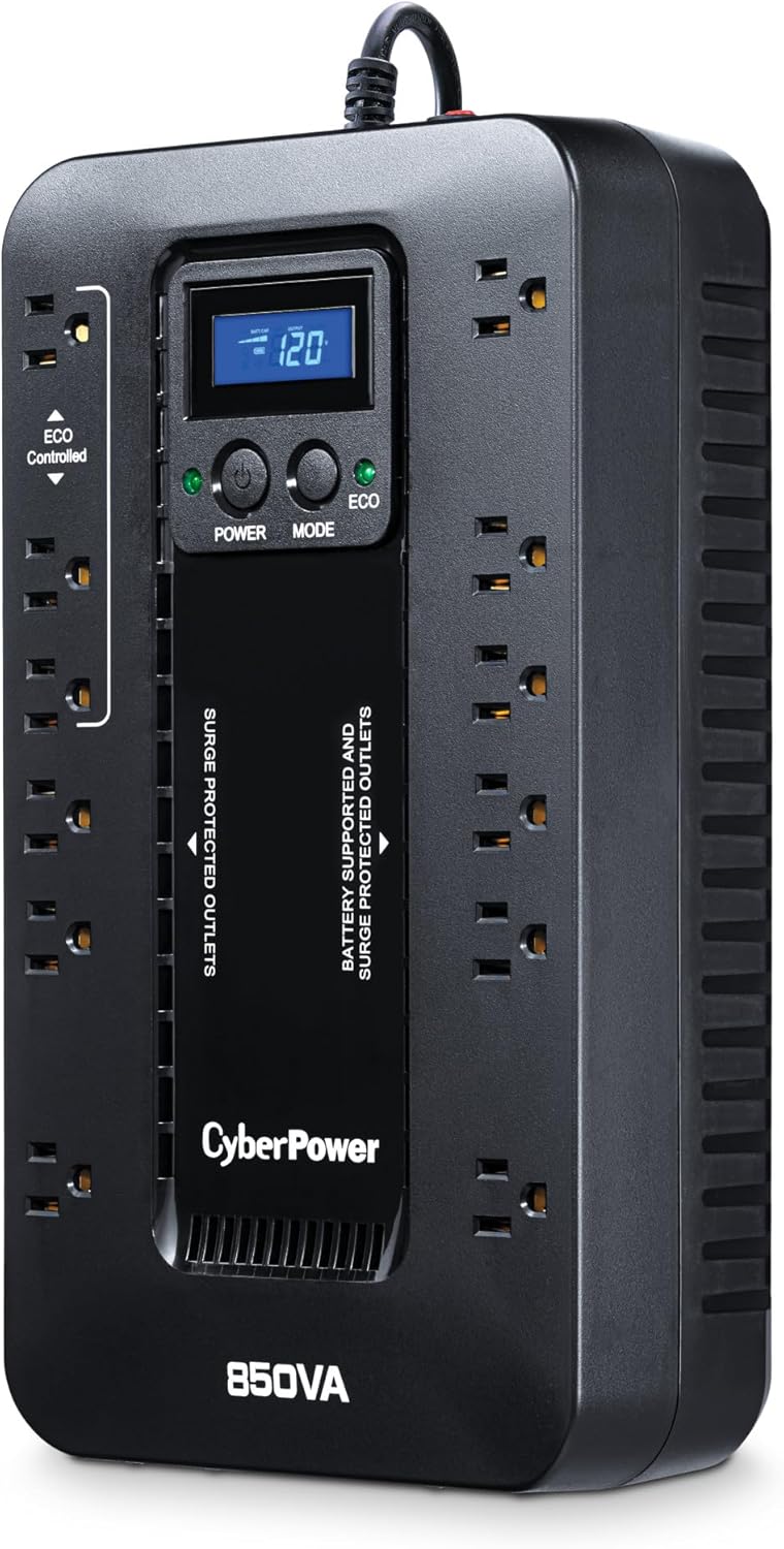 CyberPower EC850LCD Ecologic UPS Battery Backup and Surge Protector, 850VA/510W, 12 Outlets, ECO Mode, Compact, UL Certified