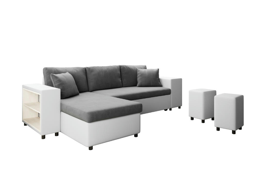 MADY - Canapé d'angle convertible avec rangement poufs à droite blanc/gris