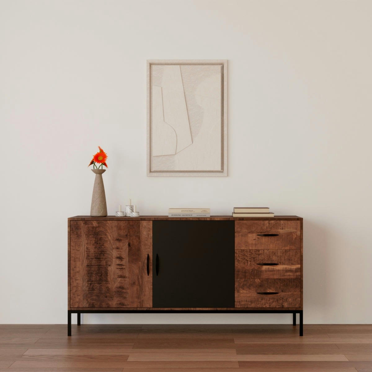 YAMEN - Buffet 2 portes et 3 tiroirs en bois de manguier et métal