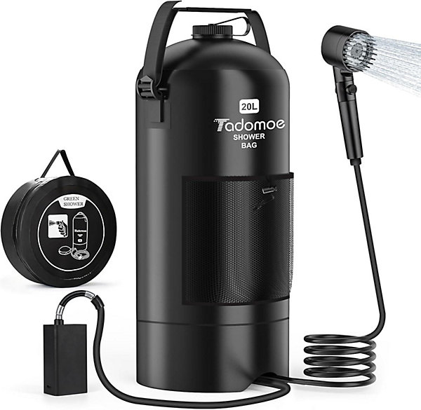 Douche solaire portable 20L avec pompe 2000mAh, sac et buse, chauffante pour camping, randonnée, voiture