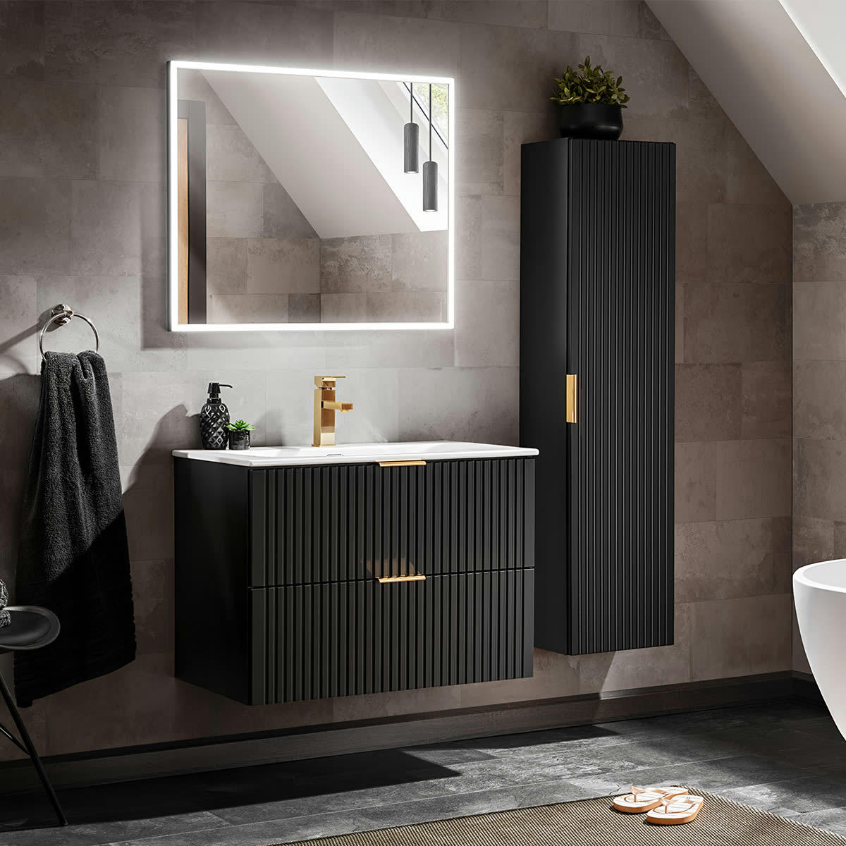 - Ensemble meuble simple vasque encastrée 80cm et colonne noir