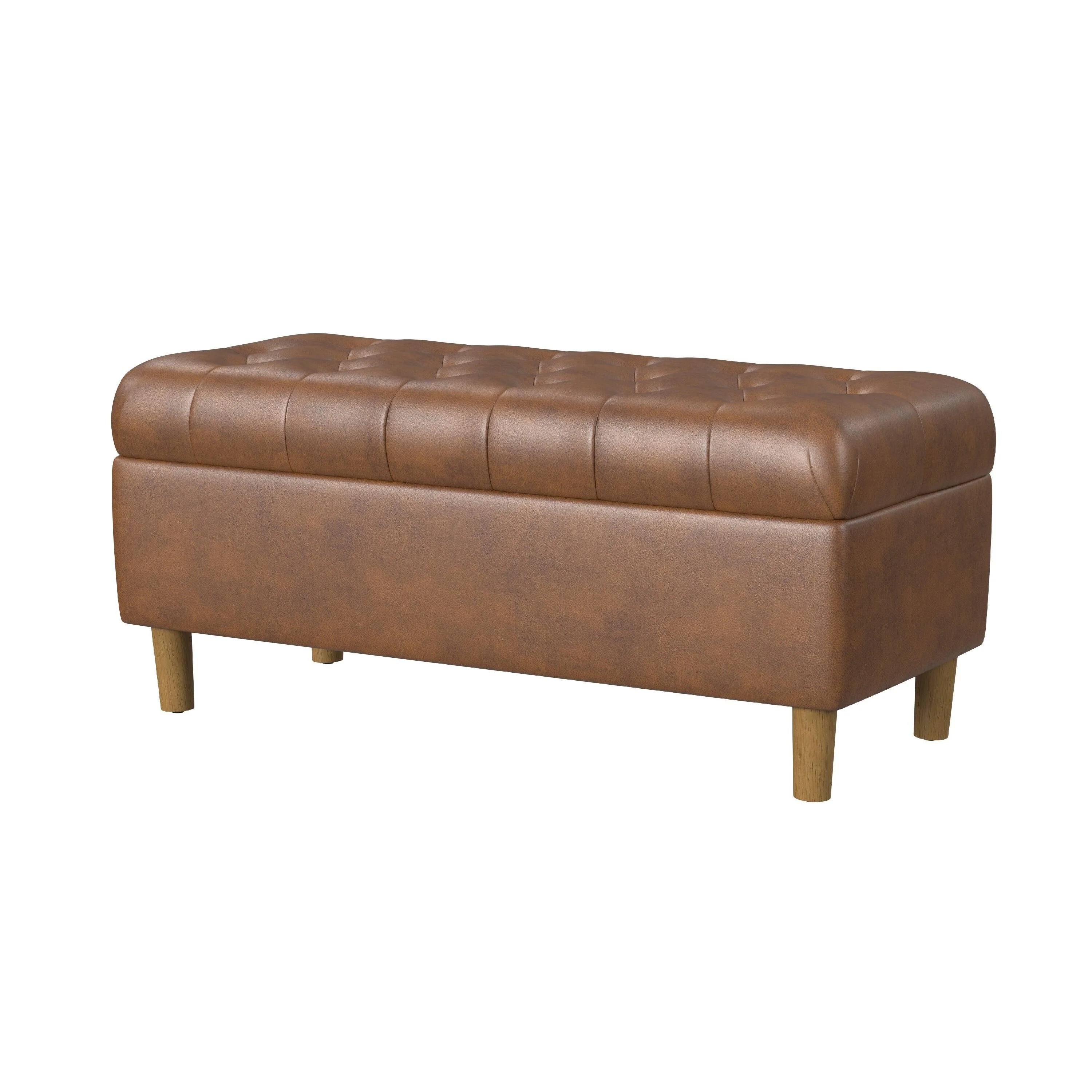 Sol Storage Bench Ottoman, Brown Faux Leather and Hardwood, 36 Inch