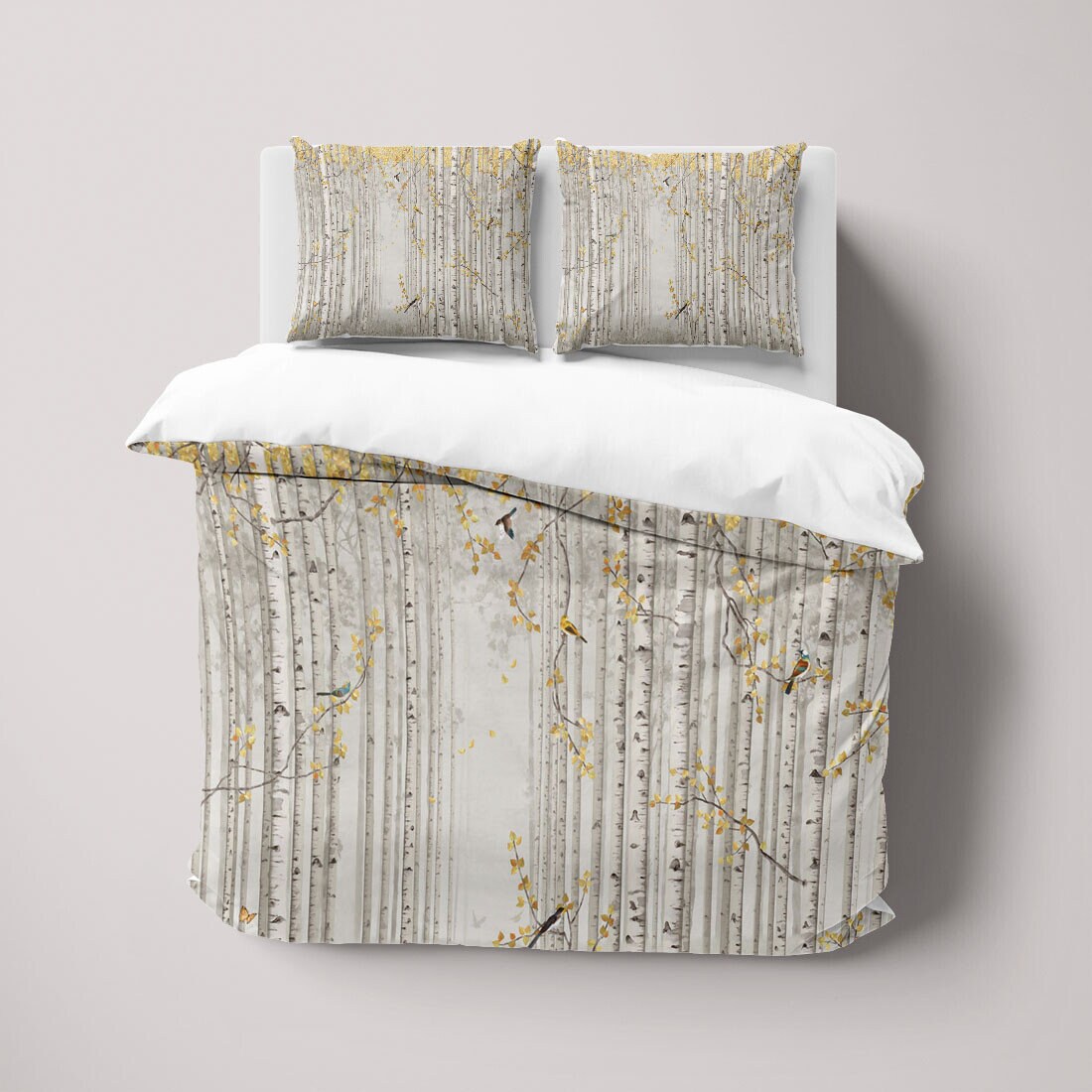 White Birch Forest and Birds Duvet Cover Set, Nature Botanical Bedding Set, Quilt Cover, Comforter Cover, Single Double Full Queen King Size