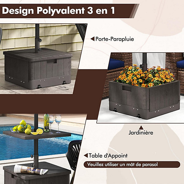 Base de Parasol Mobile pour Parasol de 38/48 mm, Remplissable d'eau 45L et de Sable 67KG,avec 2 Boutons Réglables (Marron)