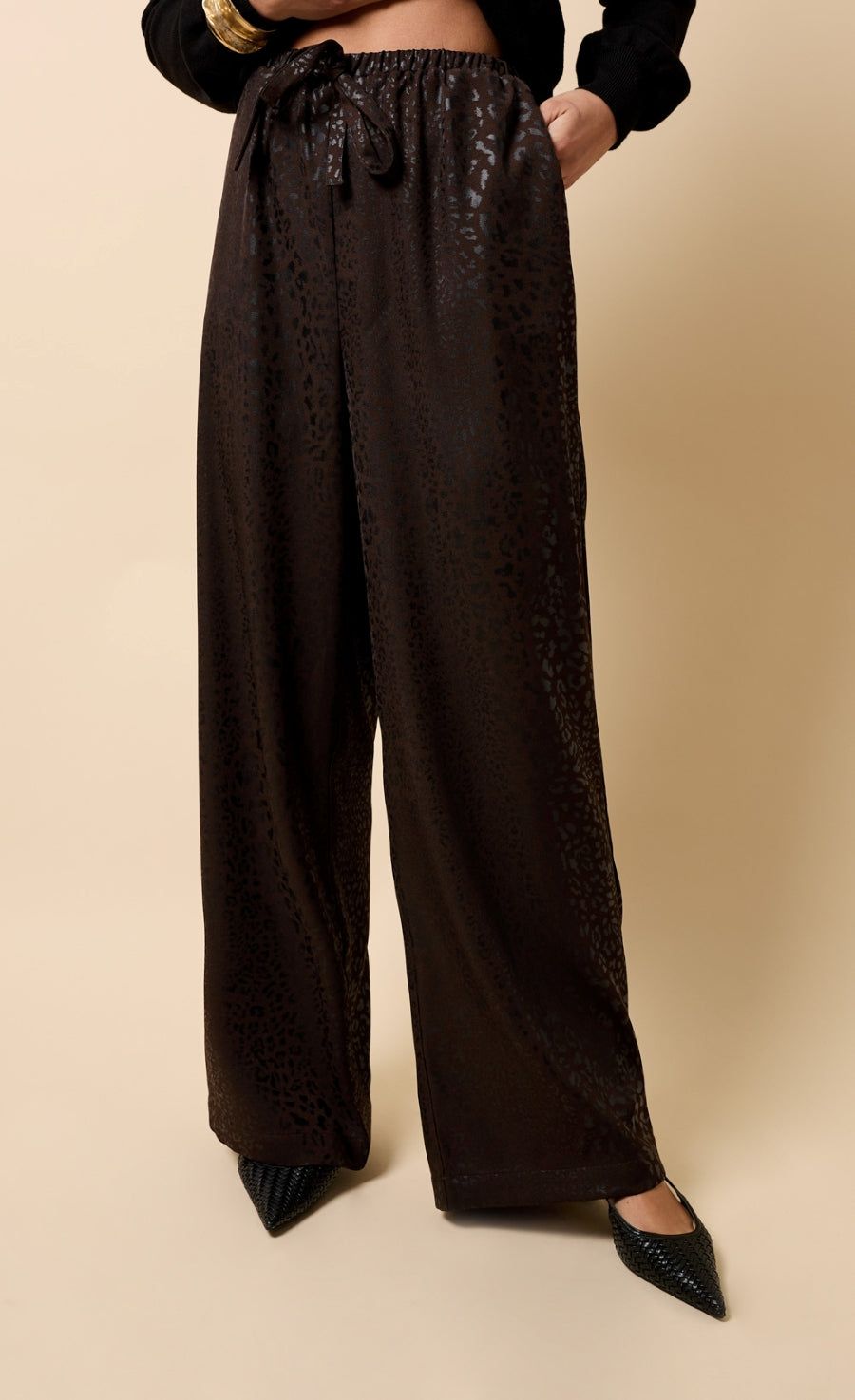 Little Mistress Chocolate Animal Texture Satin Wide Leg Trousers