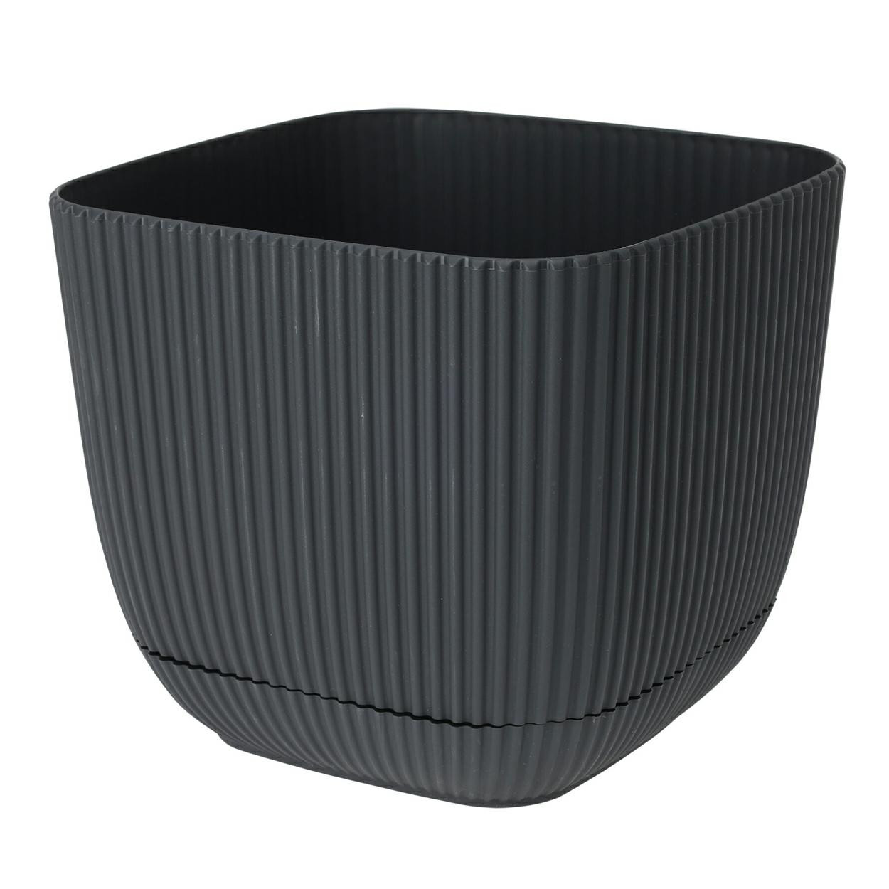 Doniczka kwadratowa szara z podstawką prążkowana 19.5 cm 4 l