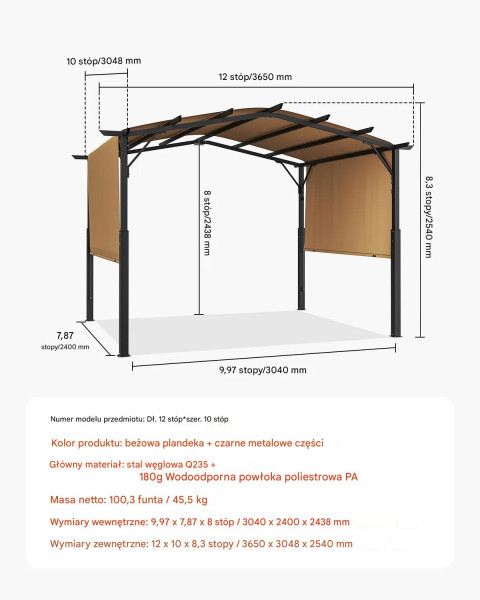 Pergola ogrodowa 2,54x3,05 m, metalowa z regulowanym daszkiem, duża