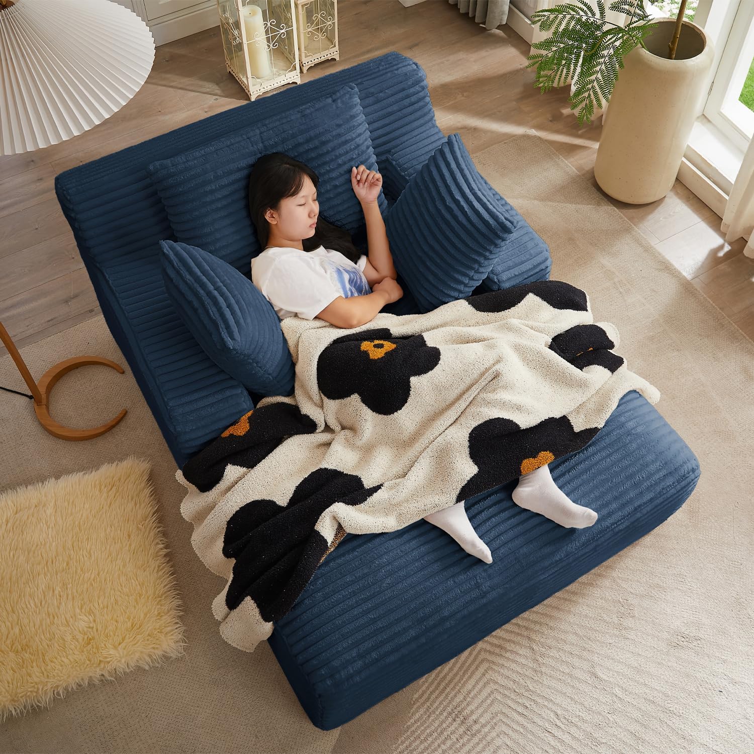 67 Inch Chaise Lounge Chair Indoor, Oversized Corduroy Upholstered Boneless Sofa Bed, Deep Seat Sleeper Couch Reading Chairs, Cloud Sofas Couches for Living Room, No Assembly Required (Blue)
