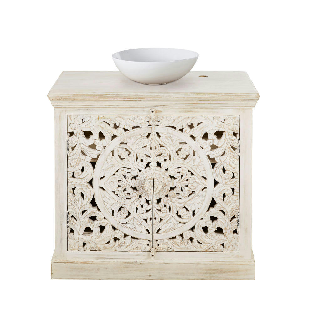 Kerala - Meuble vasque en manguier massif blanc effet vieilli