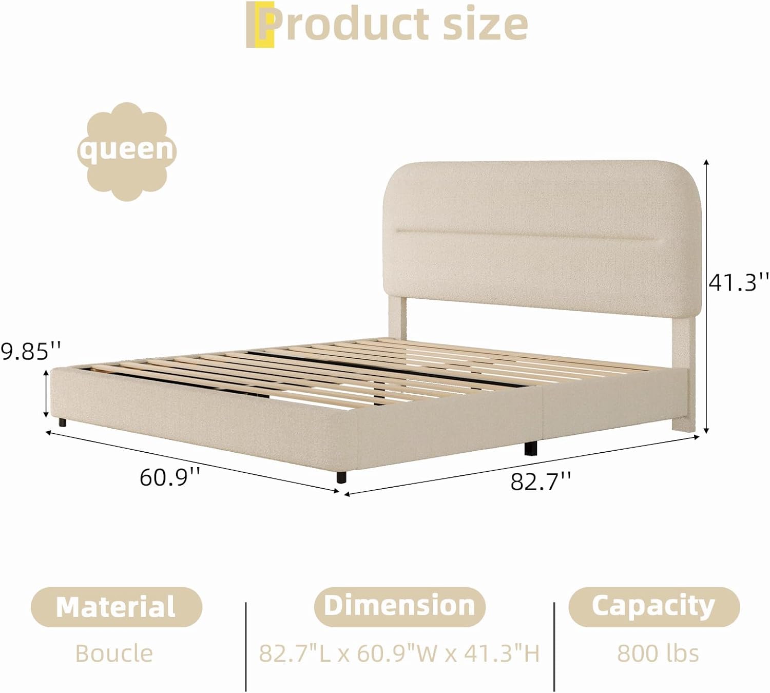 HOMBCK Queen Bed Frame with Headboard, Boucle Upholstered Soft Platform Bed Frame with Thickened Footboard, Rounded Corners Design, No Box Spring Required, Easy Assembly, Cream
