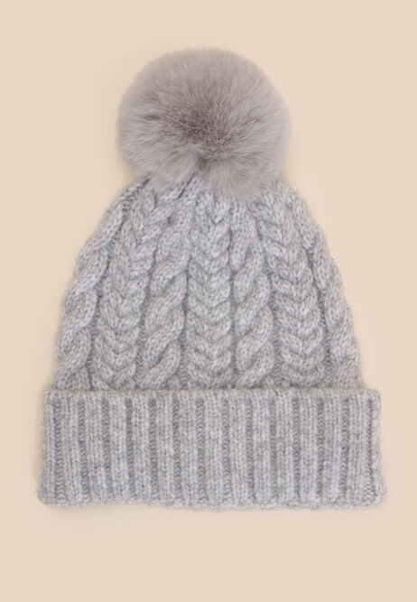 Womens Grey Cable Knit Bobble Hat