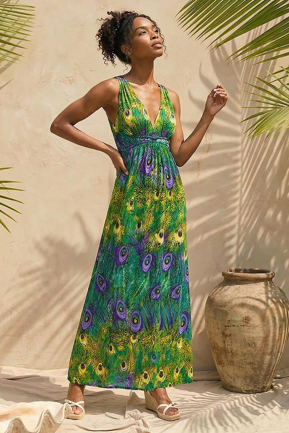 Roman Peacock Printed Stretch Maxi Dress