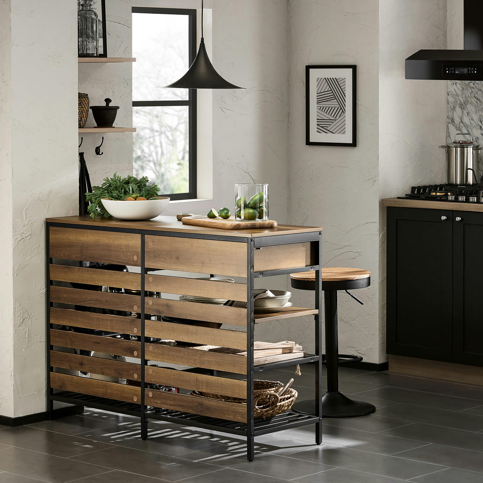 - Table de comptoir 2 tiroirs et 3 étagères effet bois et métal noir