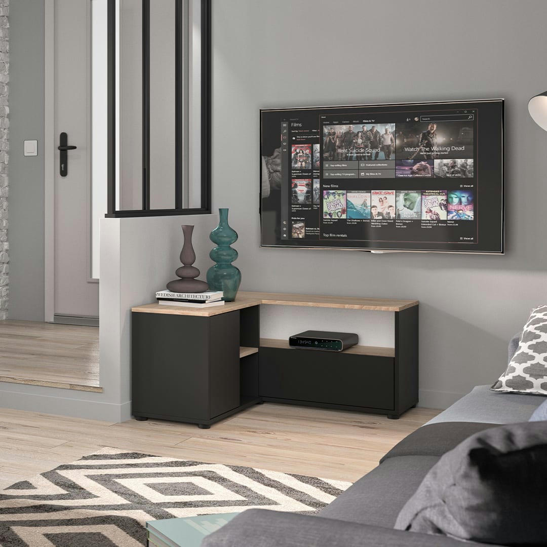 ANGLE - Meuble TV effet bois noir et chêne naturel