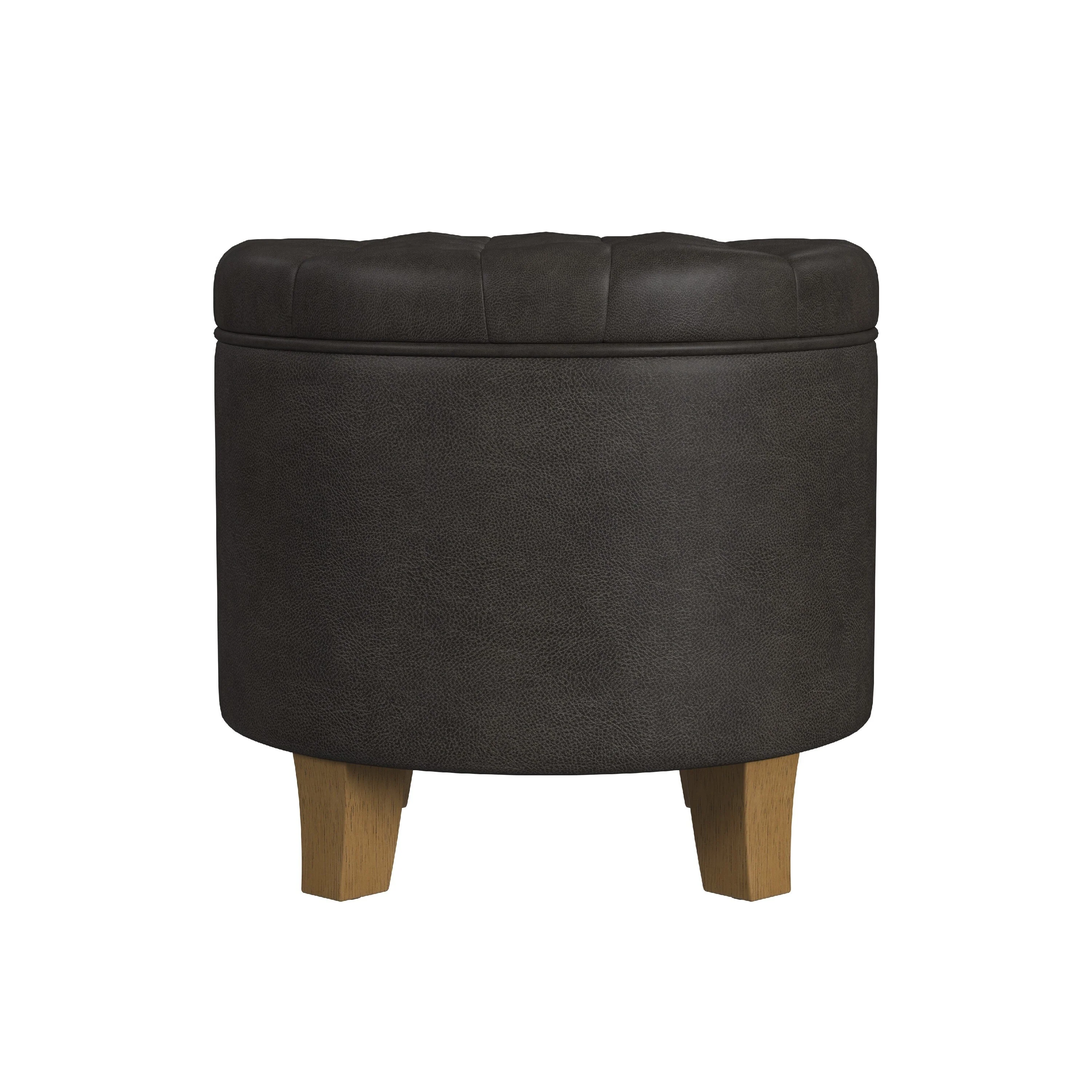 Wes Round Storage Ottoman, Black Faux Leather, Hardwood, 19 Inch