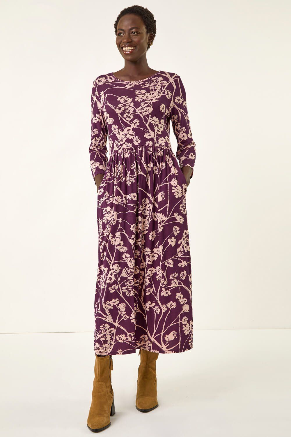 Roman Shadow Floral Stretch Midi Dress