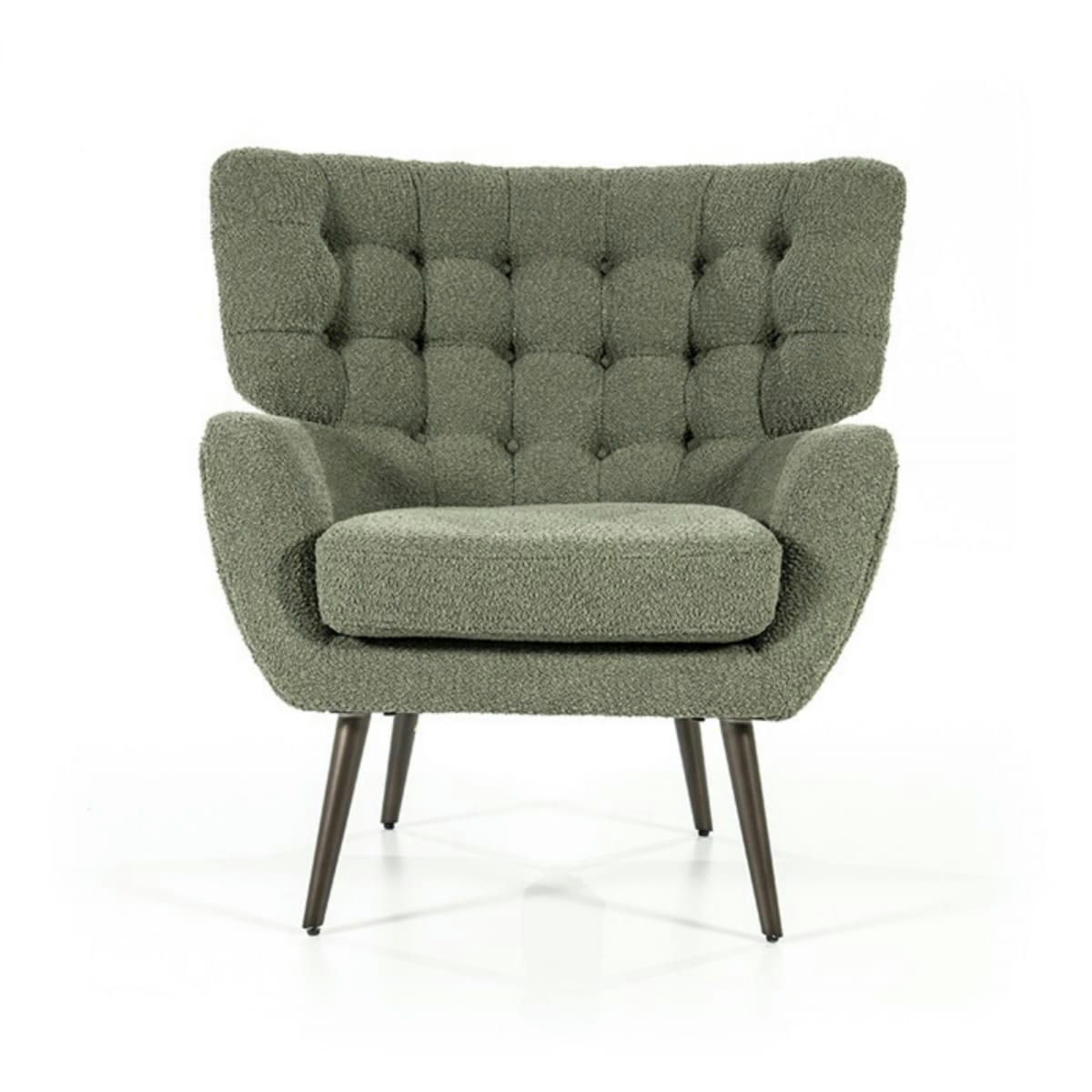 PIPOU - Fauteuil haut dossier en tissu bouclé vert kaki