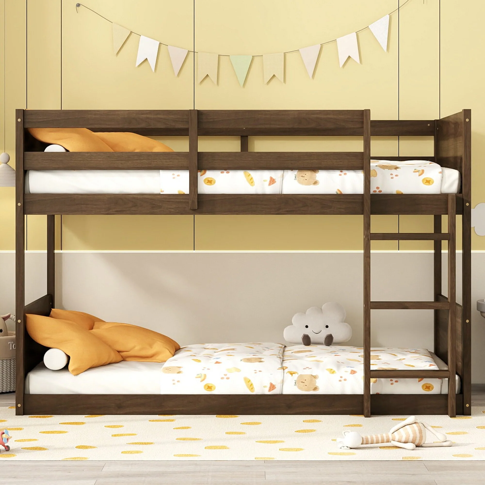 Twin over Twin Bunk Bed with Panelled Headboard and Footboard,Solid Wood Foundation with Safety Guardrails,Built-in ladder