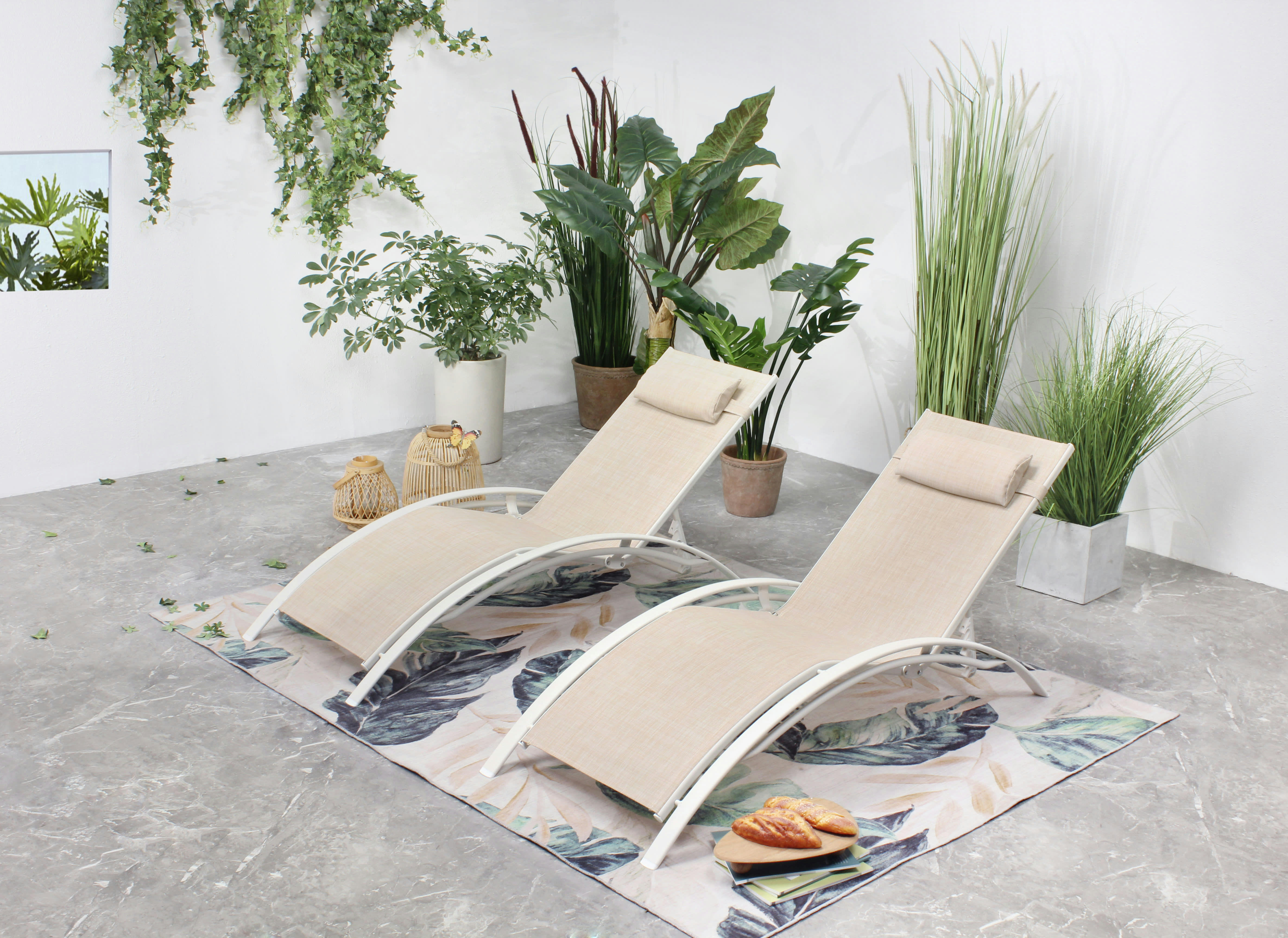 BAHIA - Lot de 2 transats empilables et ajustables écru/ blanc