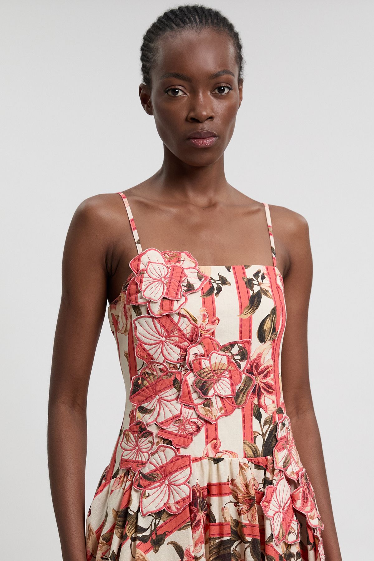 KarenMillen Cotton Linen Printed 3D Floral Bubble Hem Midi Dress