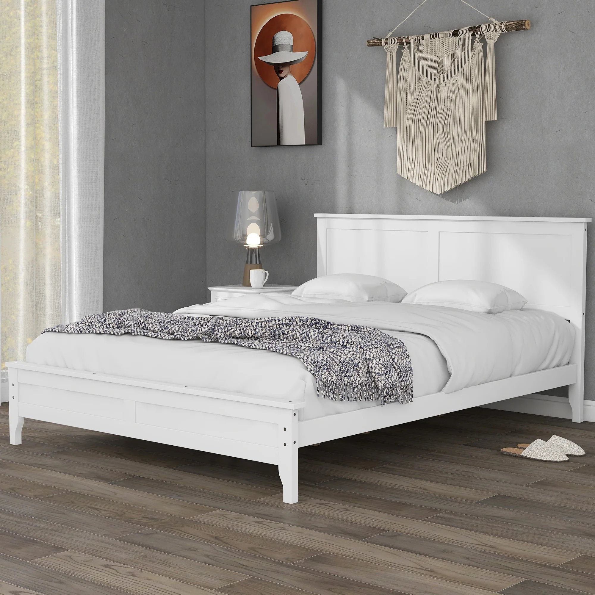 Modern White Solid Wood Platform Bed