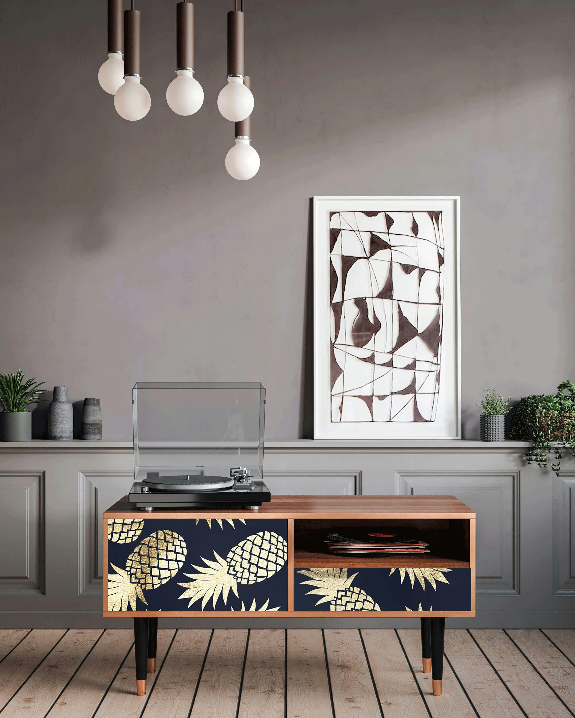 SUNNY PINEAPLE - Meuble TV  bleu et jaune 1 tiroir et 1 porte L 115 cm