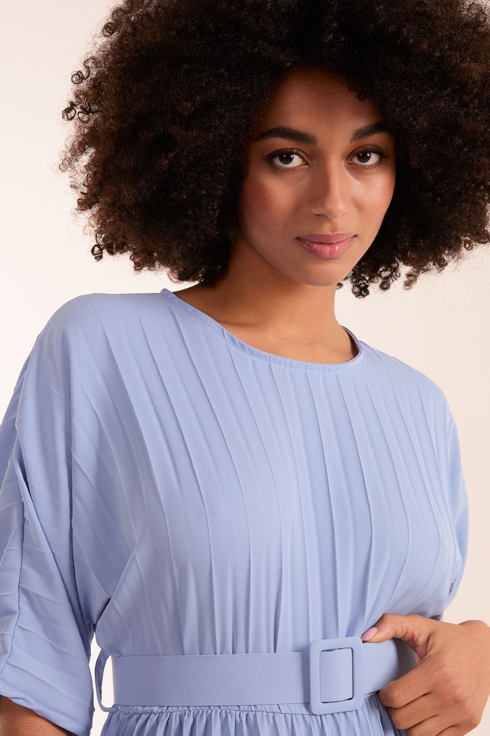 Blue Vanilla Pleated Dress With Belt