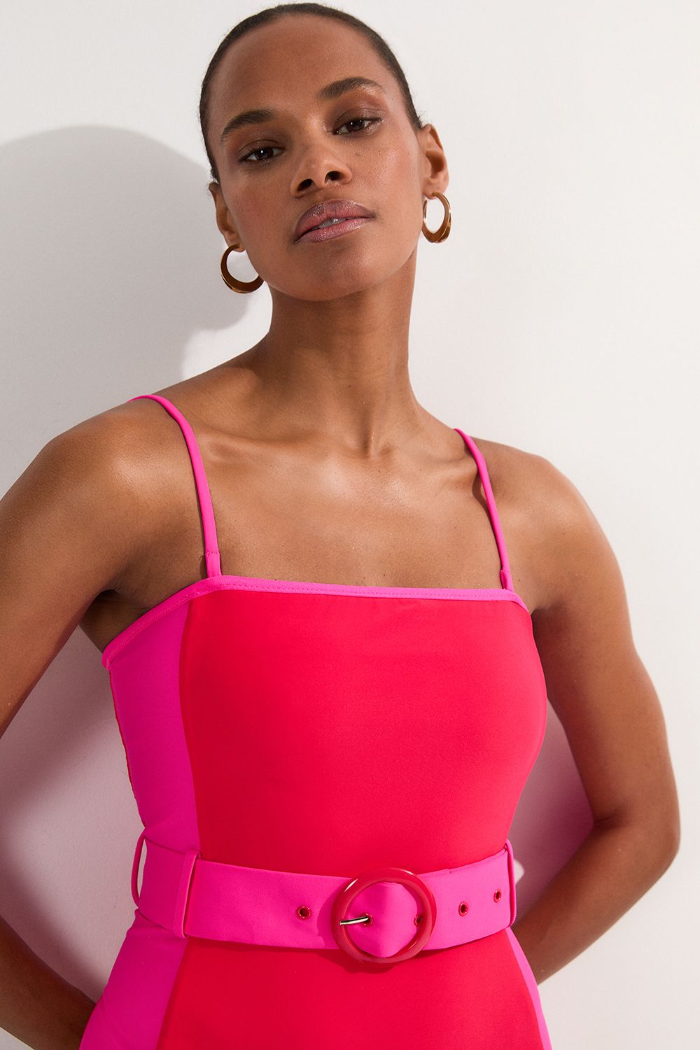 KarenMillen Contrast Panelled Bandeau Swimsuit With Belt