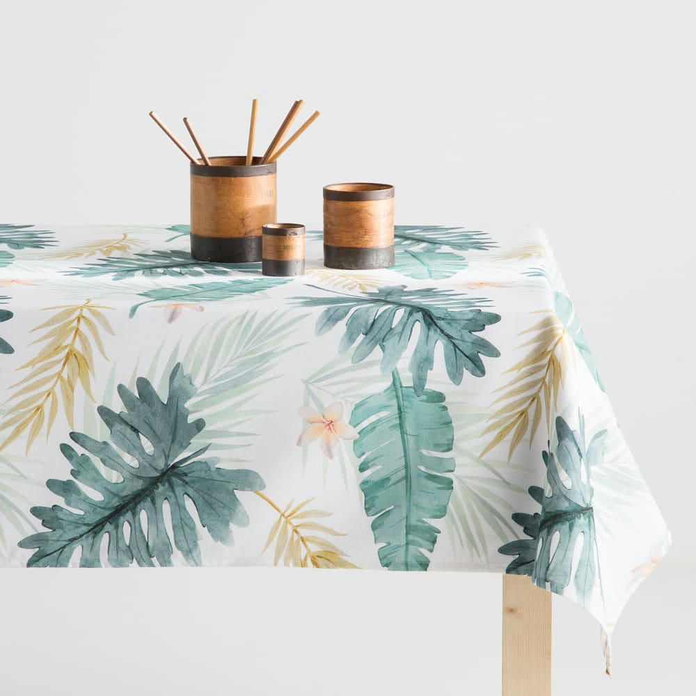 MIAMI - Nappe imprimée vert avec traitement anti-taches en coton 140x300 cm