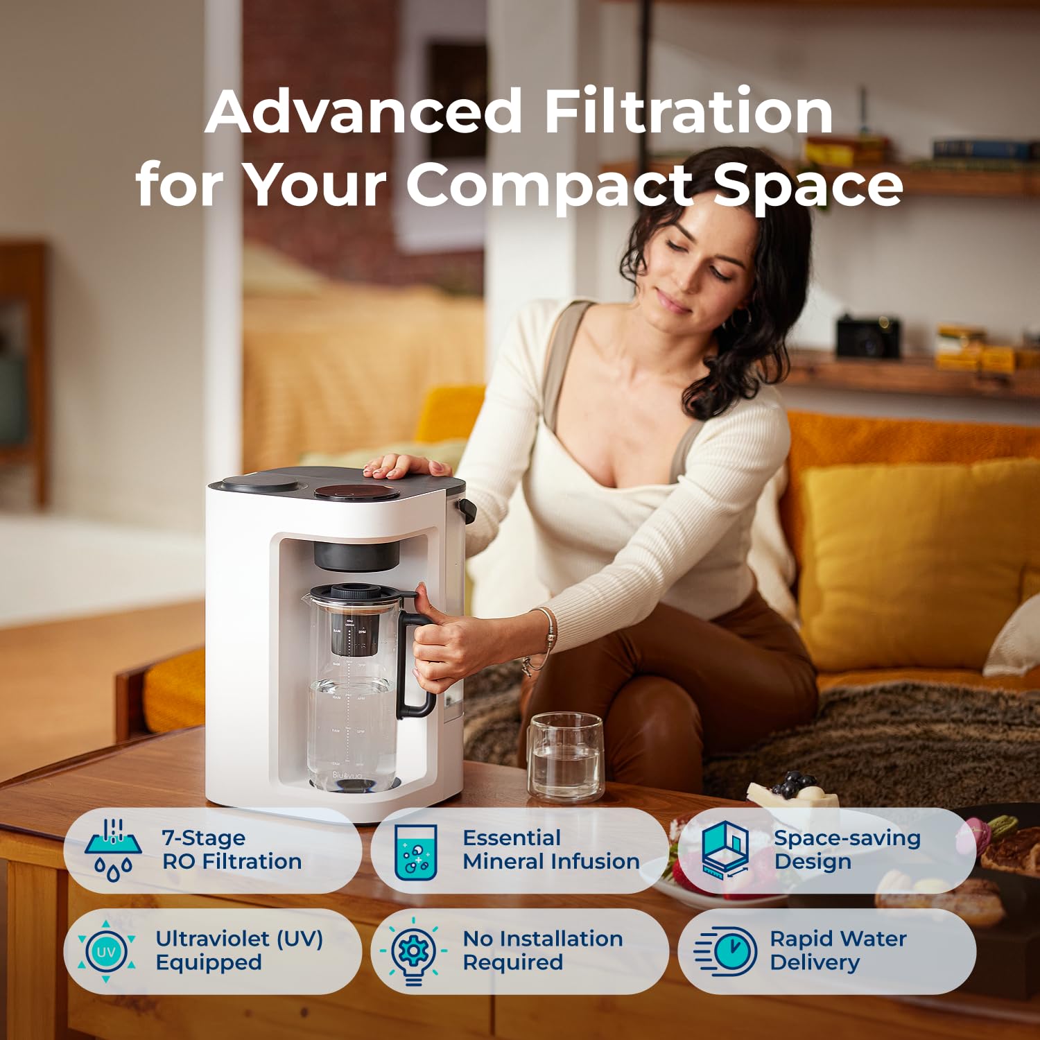 Bluevua RO100ROPOT-Lite Countertop Reverse Osmosis Water Filter System, 3:1 Pure to Drain Ratio, Portable RO Filtration with Remineralization, No Installation, WQA Certified, 7-Stage UV White