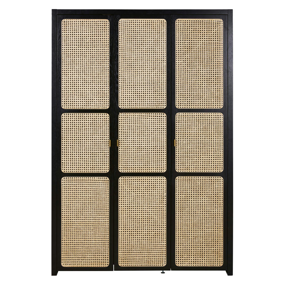 Loreto - Dressing 3 portes battantes noir, cannage en rotin et métal coloris laiton