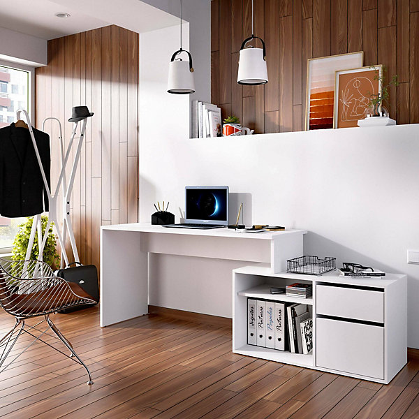 Bureau Andor, Bureau multi-positions pour le bureau ou la chambre, Table d'étude d'angle polyvalente, 139x92h75 cm, Blanc