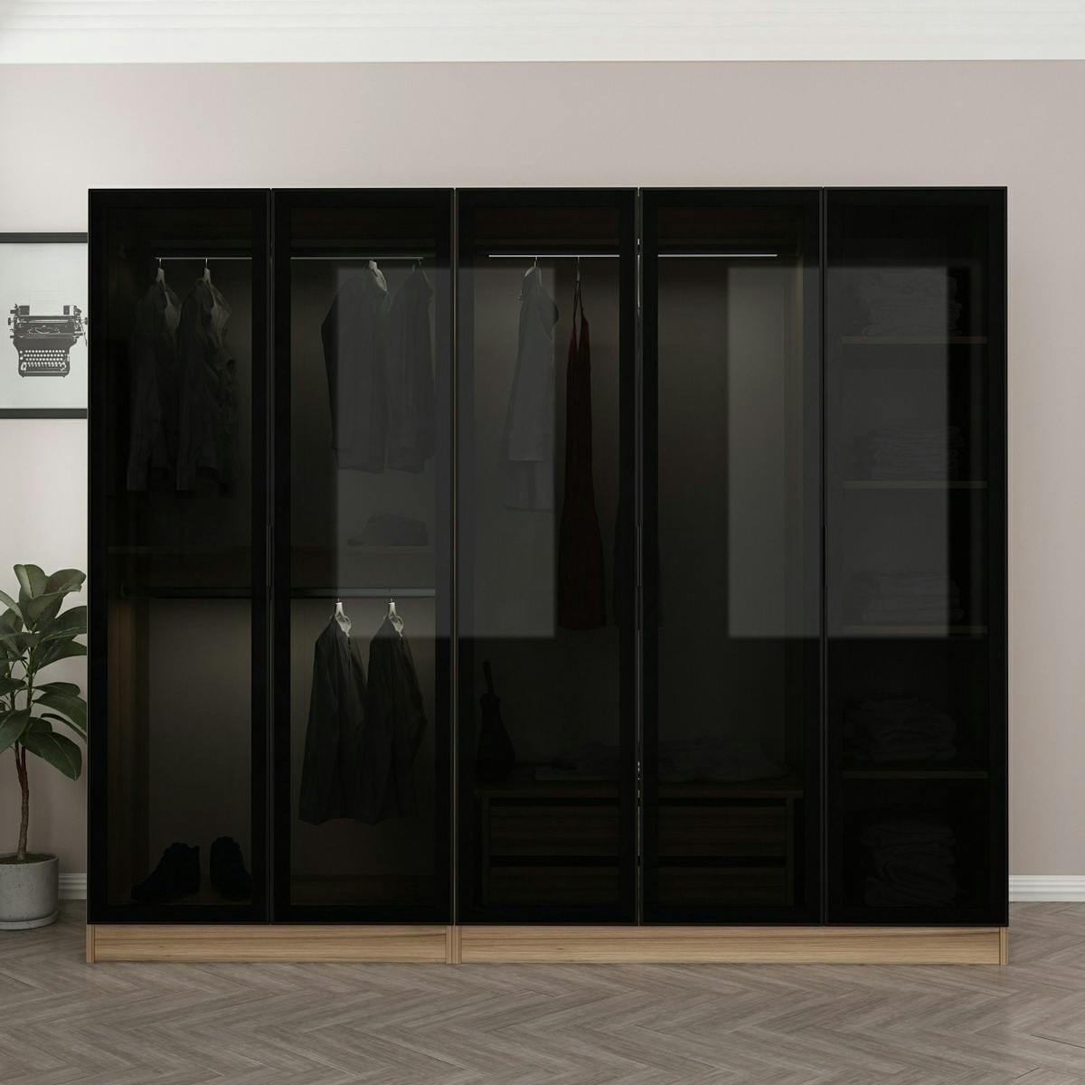 Armoire penderie 5 portes verre et cadre effet noyer BYRON