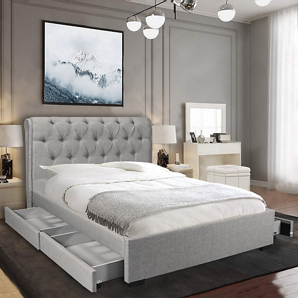 Lit CHELSEA 140x190   4 tiroirs   sommier / Gris clair