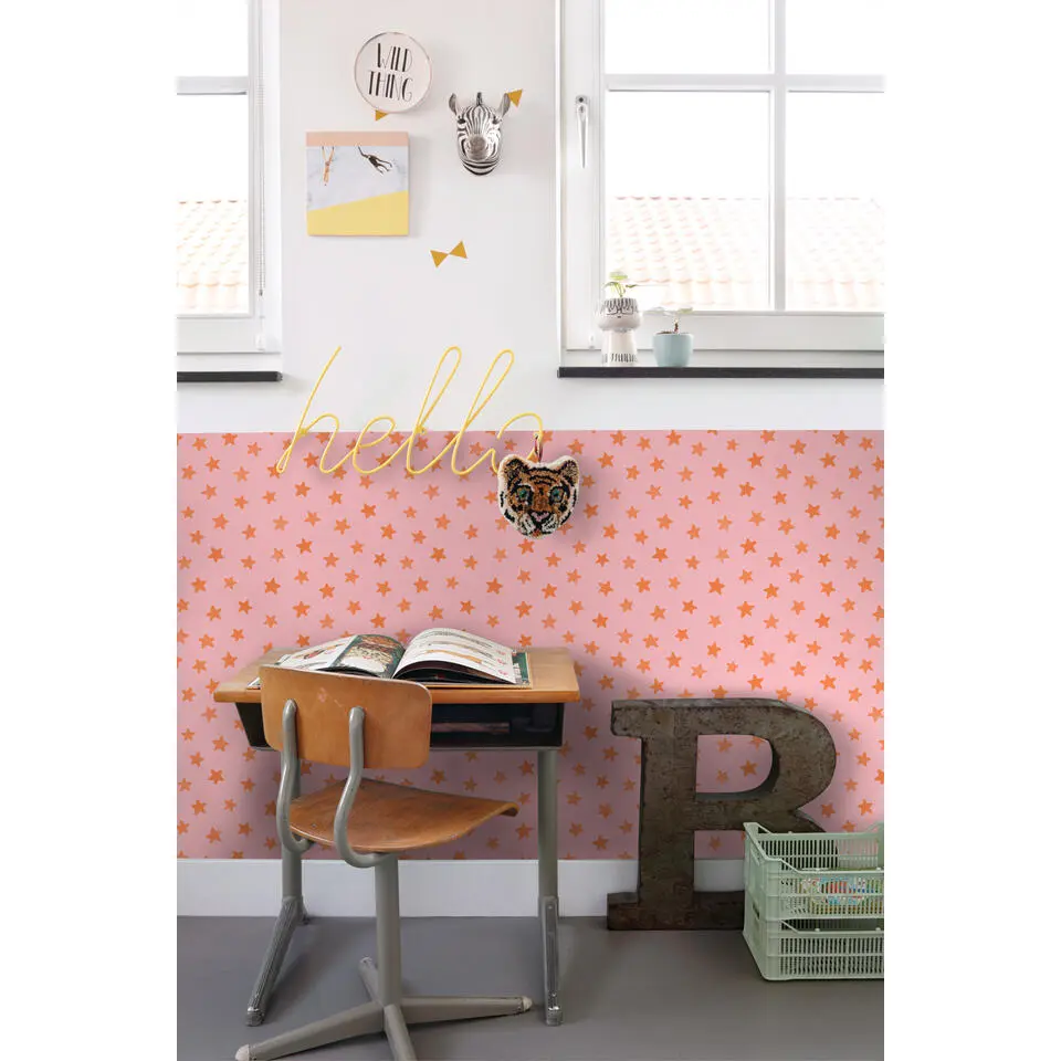 ESTAhome behang sterretjes roze en oranje - 50 x 900 cm