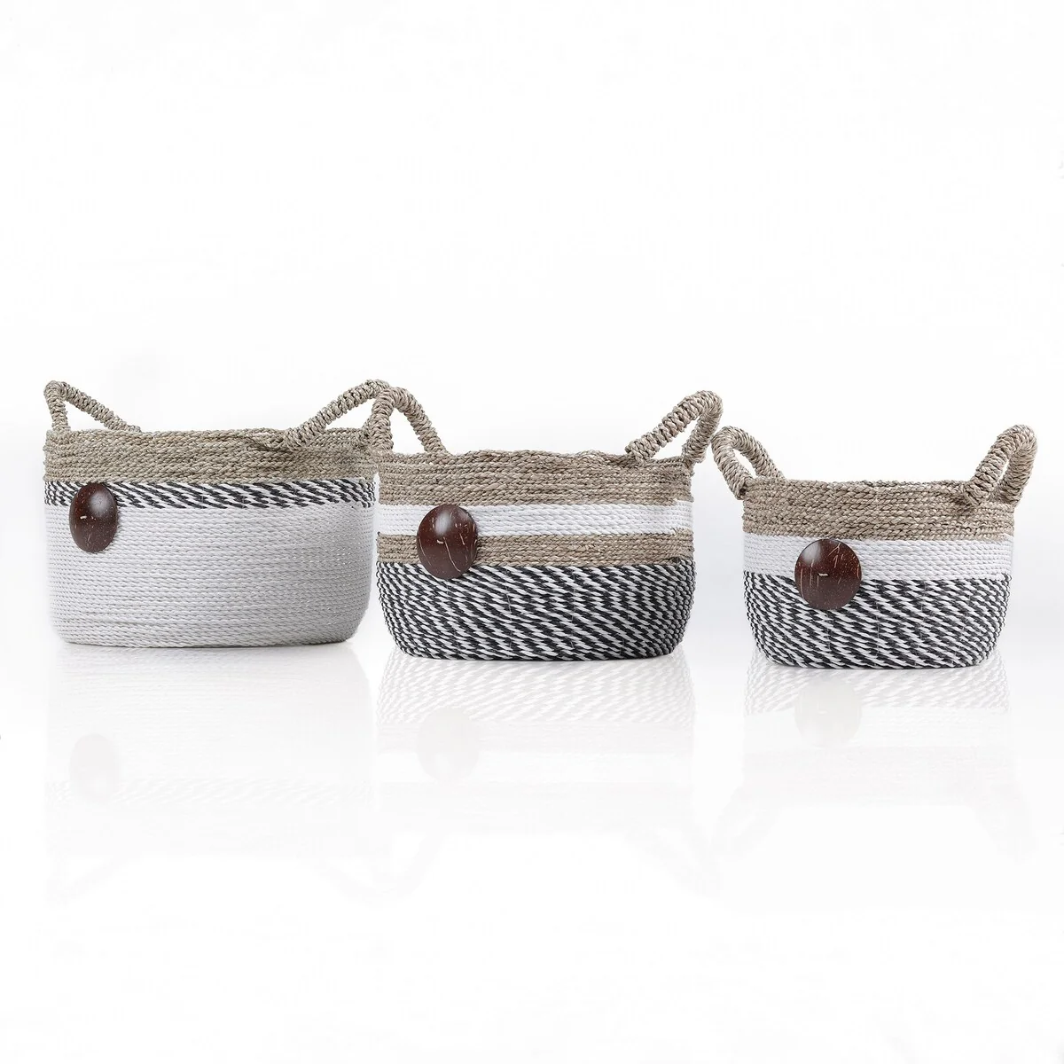 Set Of Three Raffia And Seagrass Storage Baskets with Coco Buttons And Ear Hanldes - Multi
