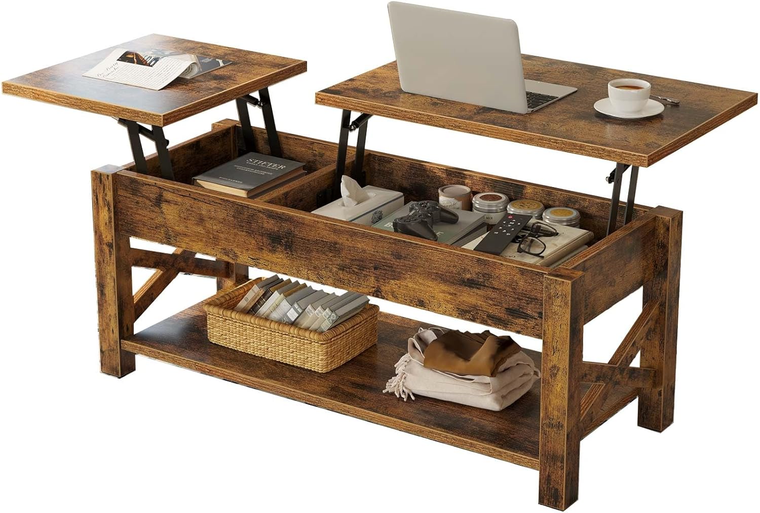 Rolanstar Coffee Table 47.2, 2 Way Lift Top with Hidden Compartment, Lift Top Coffee Table with Open Shelf & X Wooden Support, Center Table for Living Room, Rustic Brown
