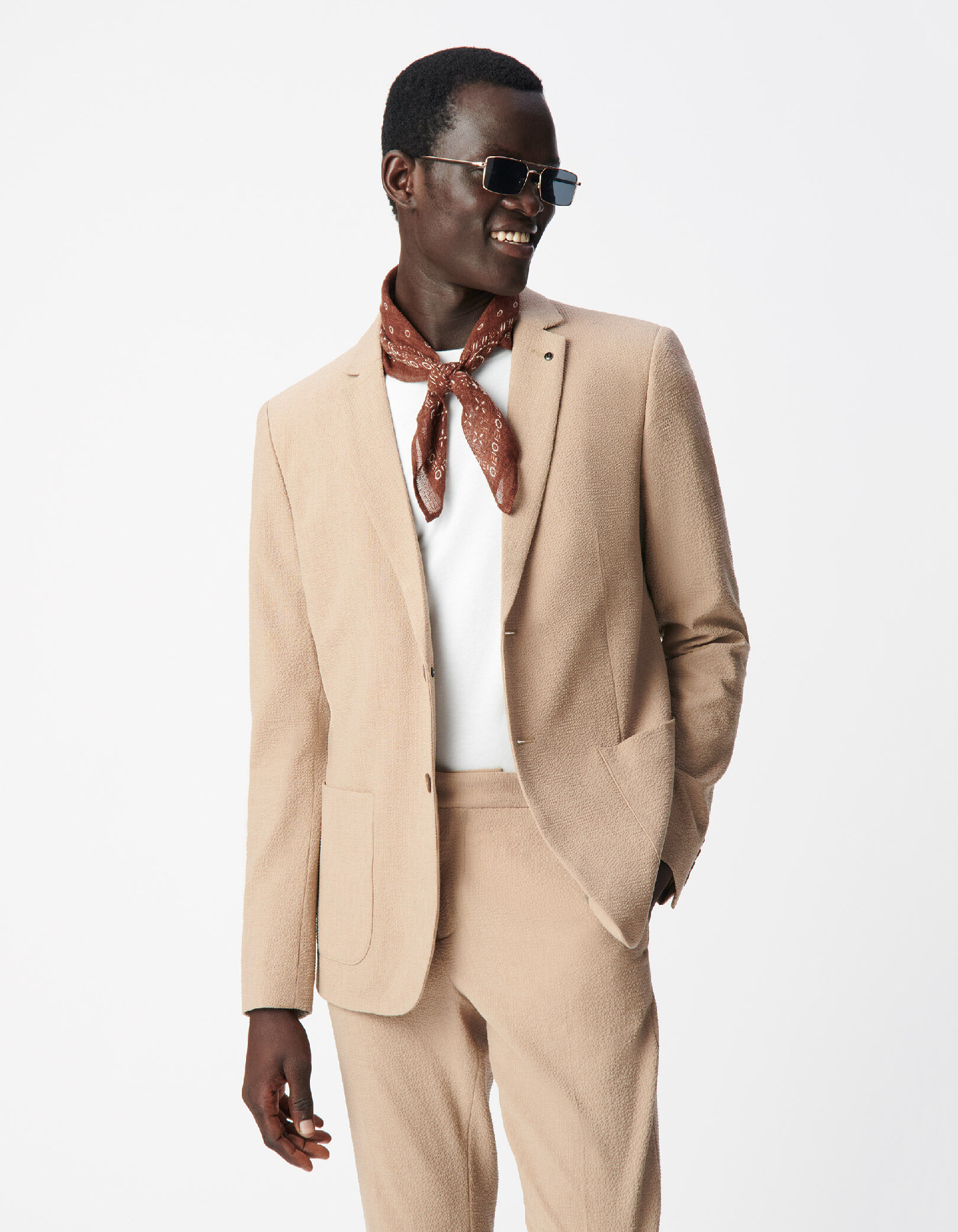 Veste de costume beige foncé seersucker TRAVEL SUIT Homme